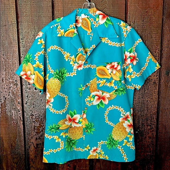 Vintage Other - Vintage 70s Hawaiian Aloha Shirt Papaya Leis Pineapple Hibiscus Polyester Medium